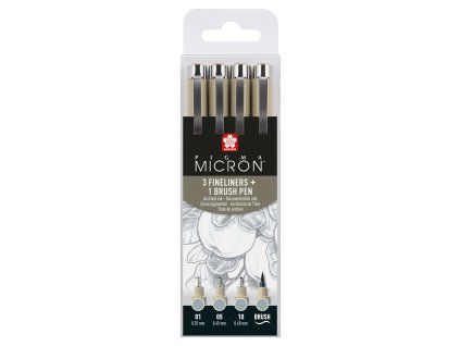 Sakura Pigma Micron Fineliners Sada 3 světle šedých technických fixů + 1 Brush Pen