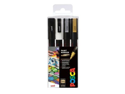 Sada akrylových fixů Posca PC 3M 0,9 1,3 mm, černá, bílá, stříbrná, zlatá