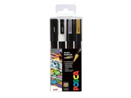 Sada akrylových fixů Posca PC 3M 0,9 1,3 mm, černá, bílá, stříbrná, zlatá