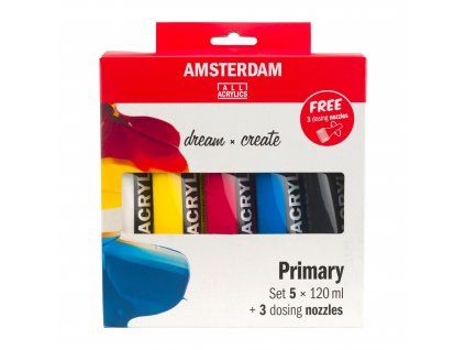 Sada akrylových barev Amsterdam Standard Primary 5 x 120 ml + 3 dávkovací trysky