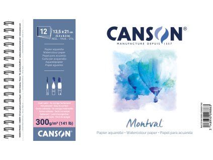 Skicák Canson Montval v kroužkové vazbě 13,5 x 21 cm, Hot Pressed, 300 g/m², 12 listů