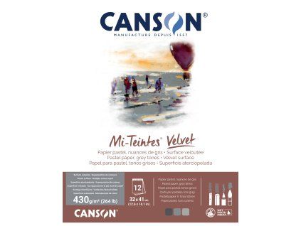 Skicák pro pastely Canson Mi-Teintes Velvet Grey v lepené vazbě 32 x 41 cm, 430 g/m², 12 listů