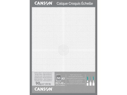 Pauzovací papír Canson Calque Satin s pomocnou mřížkou v lepené vazbě A3, 90 g/m², 50 listů