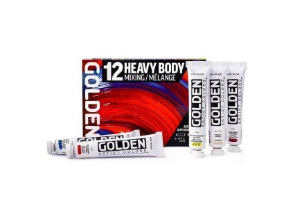Sada akrylových barev Golden Heavy Body Mixing Set 12 x 22 ml + 59 ml Gloss Glazing Liquid